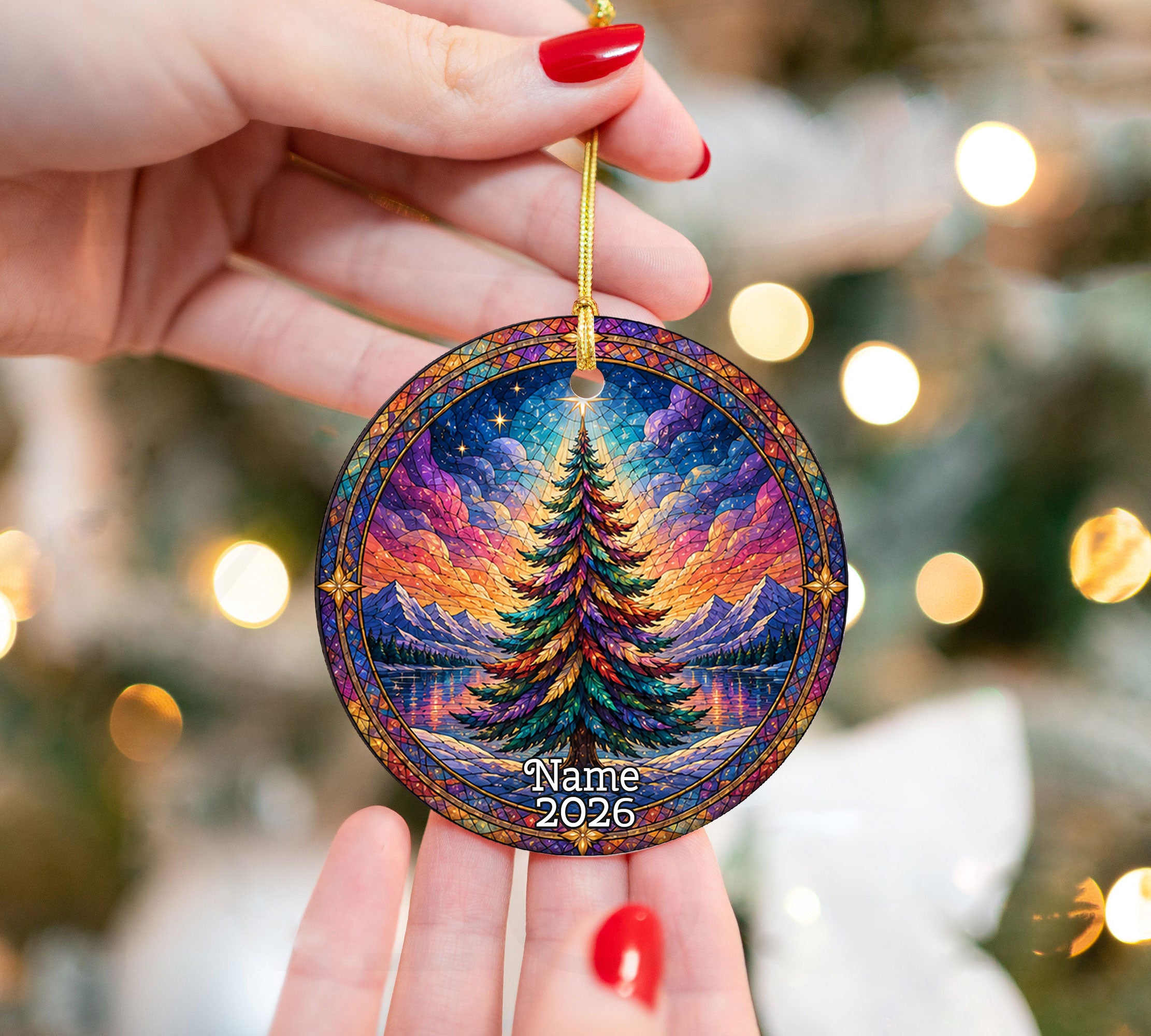 Colorful Stained Glass Style Christmas Tree Ornament 2026, Winter Mountain Lake Suncatcher Style