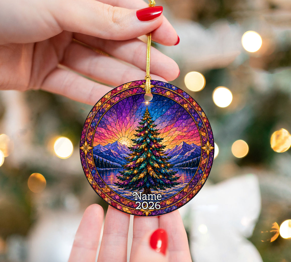 Colorful Christmas Ornament 2026, Rainbow Evergreen Tree with Winter Mountain Scene, Holiday Tree Decor
