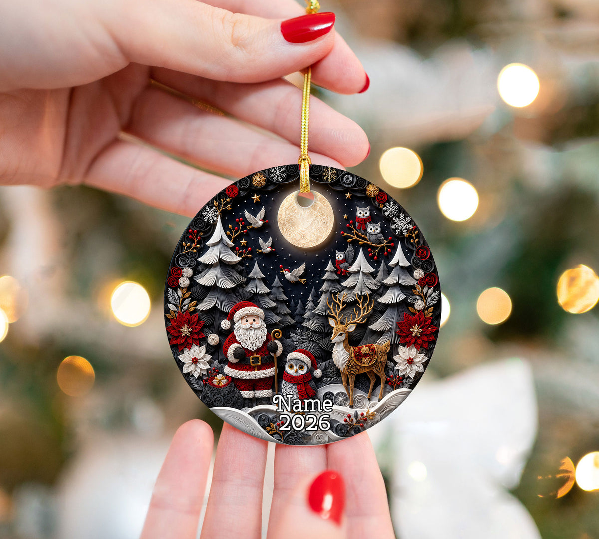 Santa Woodland Christmas Ornament 2026, Owl Deer Robin Winter Forest Cabin Christmas Tree Decoration, Holiday Keepsake Gift for Family