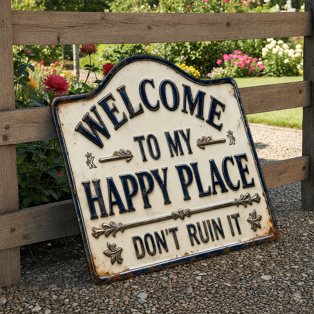 Vintage Welcome Metal Sign, Welcome To My Happy Place, Garden Outdoor Wall Decoration