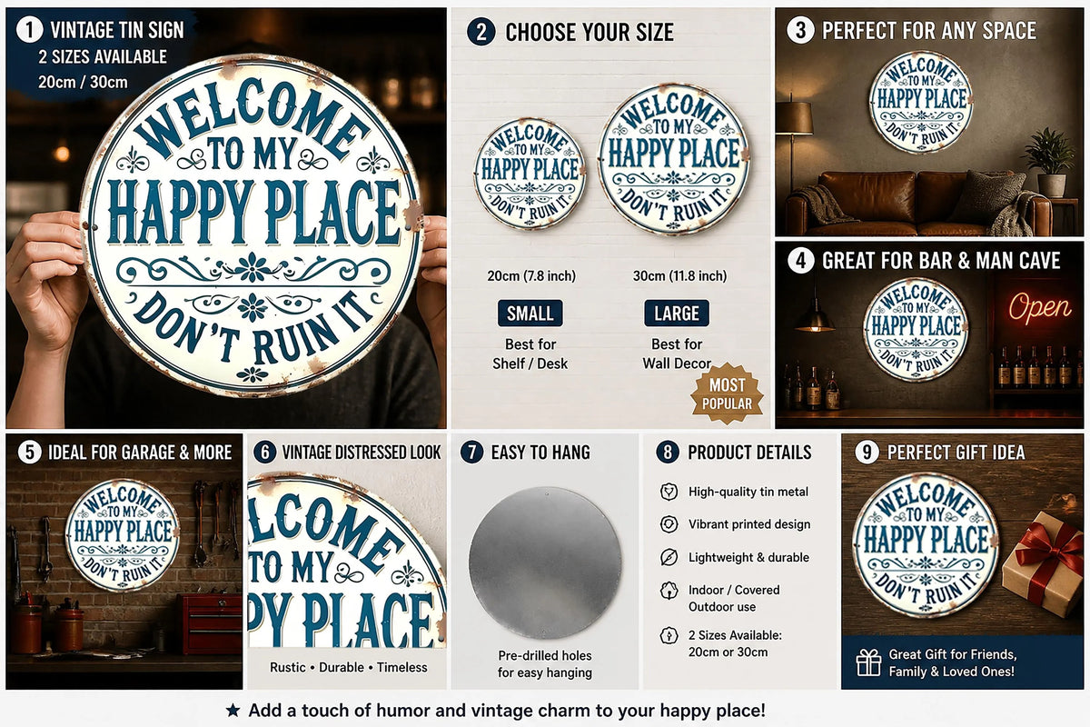 Welcome To My Happy Place Sign, Vintage Rustic Metal Sign, Farmhouse Outdoor Decor