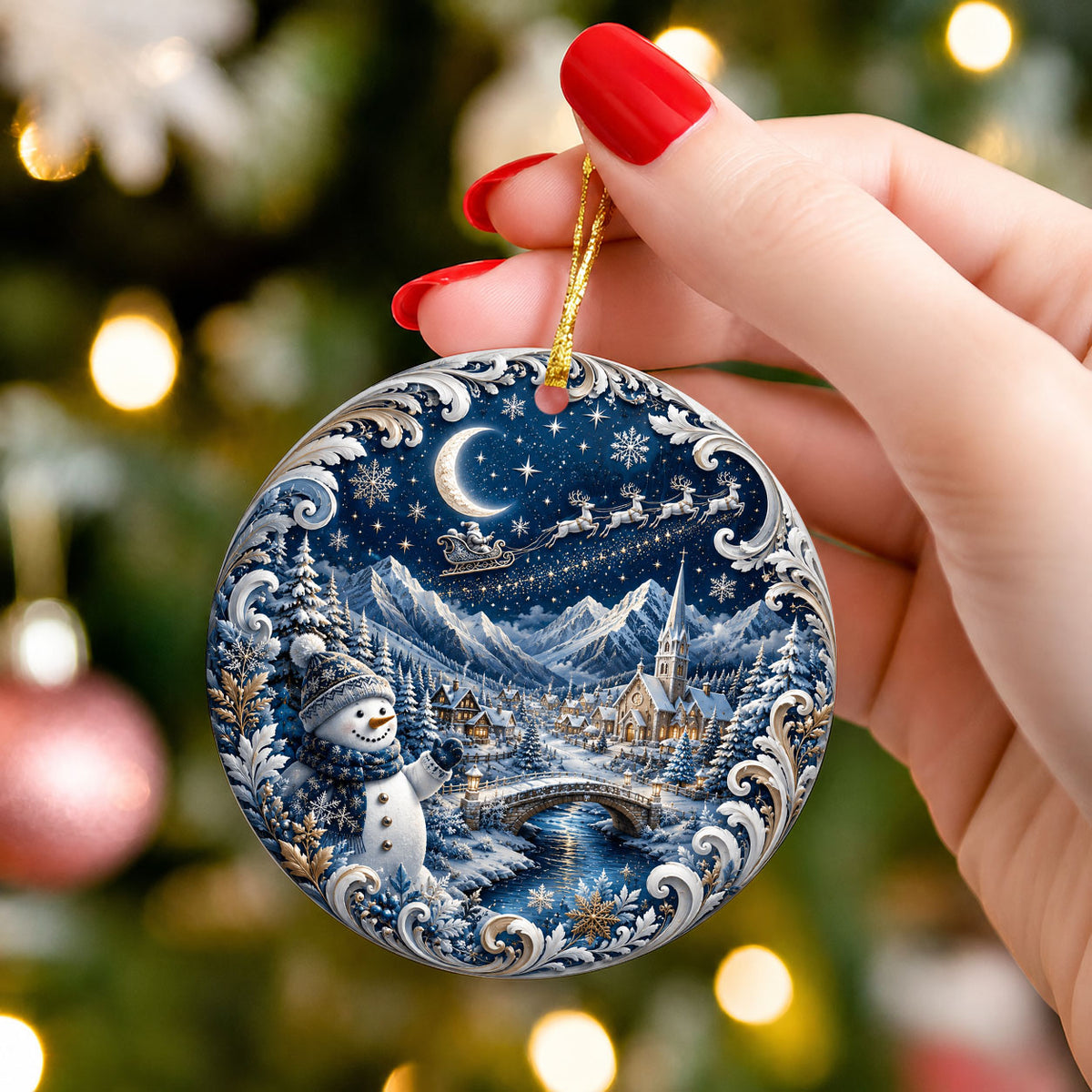 Christmas Tree Ornament 2026 with Snowman and Winter Village, Blue Ceramic Ornament, Holiday Decoration