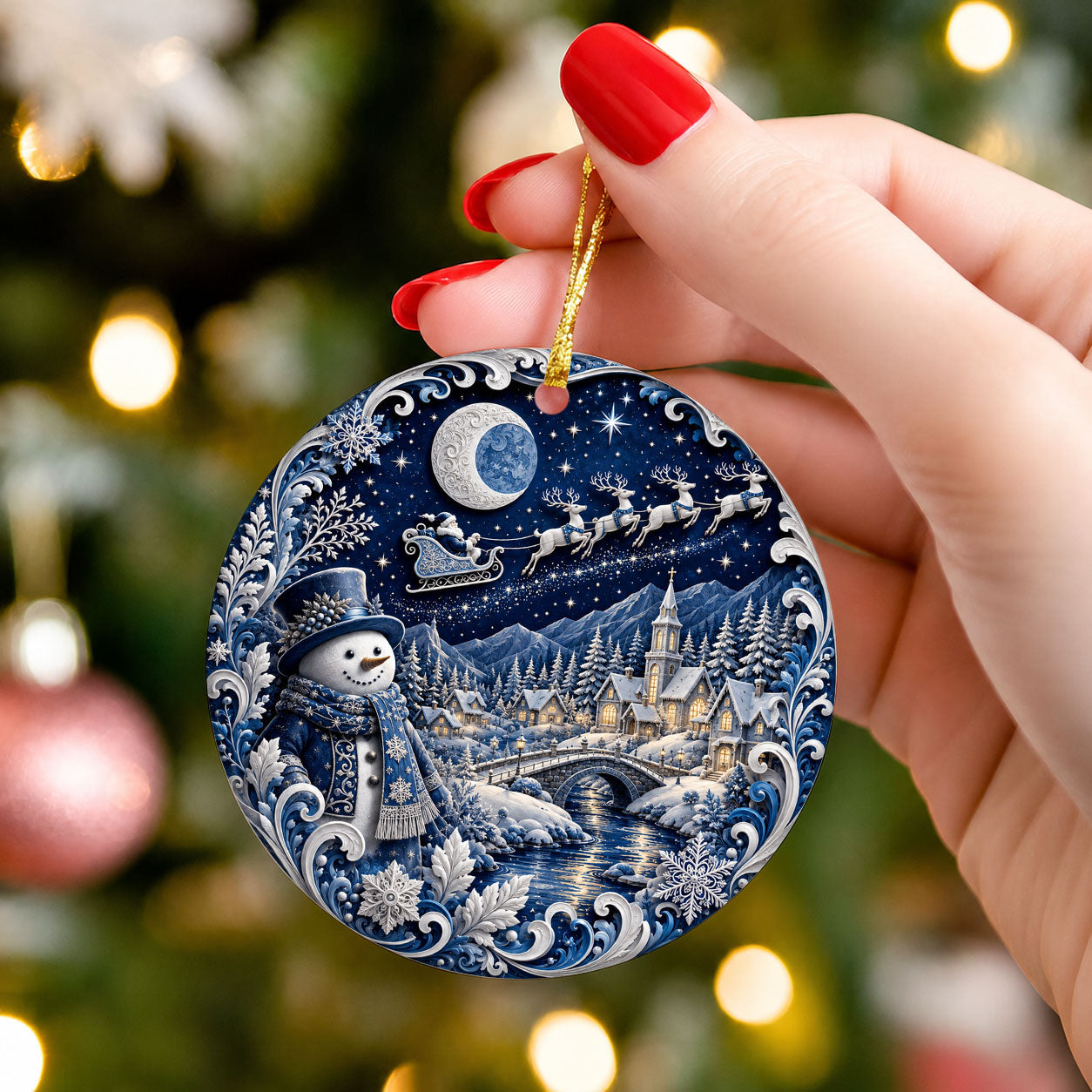 Blue Christmas Village Ornament 2026, Snowman Holiday Ornament, Ceramic Christmas Decoration