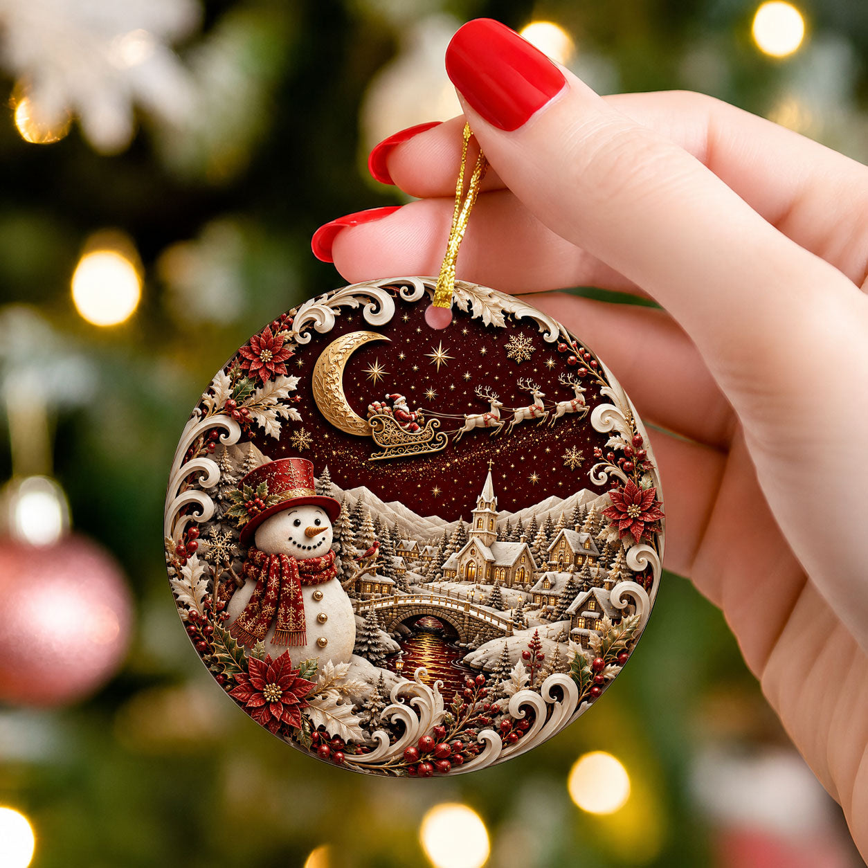 Red Snowman Christmas Ornament 2026, Winter Village Tree Ornament, Ceramic Holiday Decoration