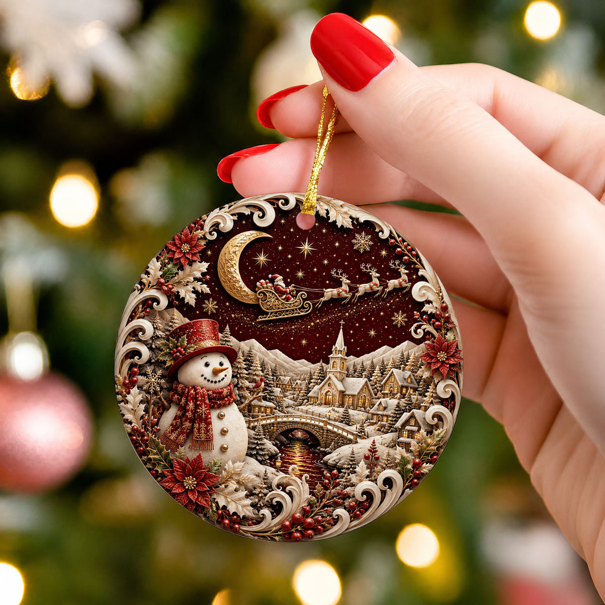 Red Snowman Christmas Ornament 2026, Winter Village Tree Ornament, Ceramic Holiday Decoration