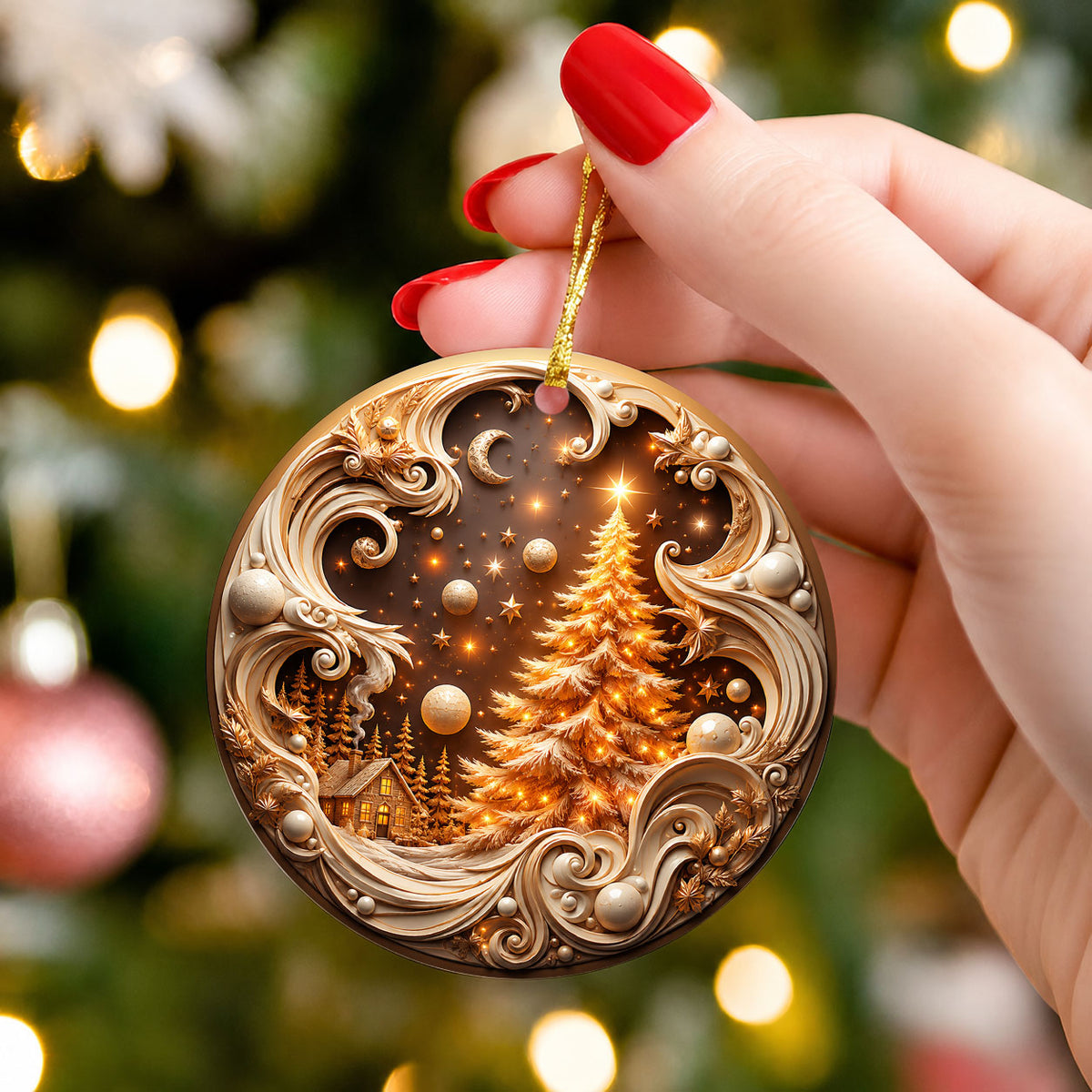 2026 Golden Christmas Tree Ornament, Winter Village Christmas Ornament, Elegant Holiday Tree Decoration