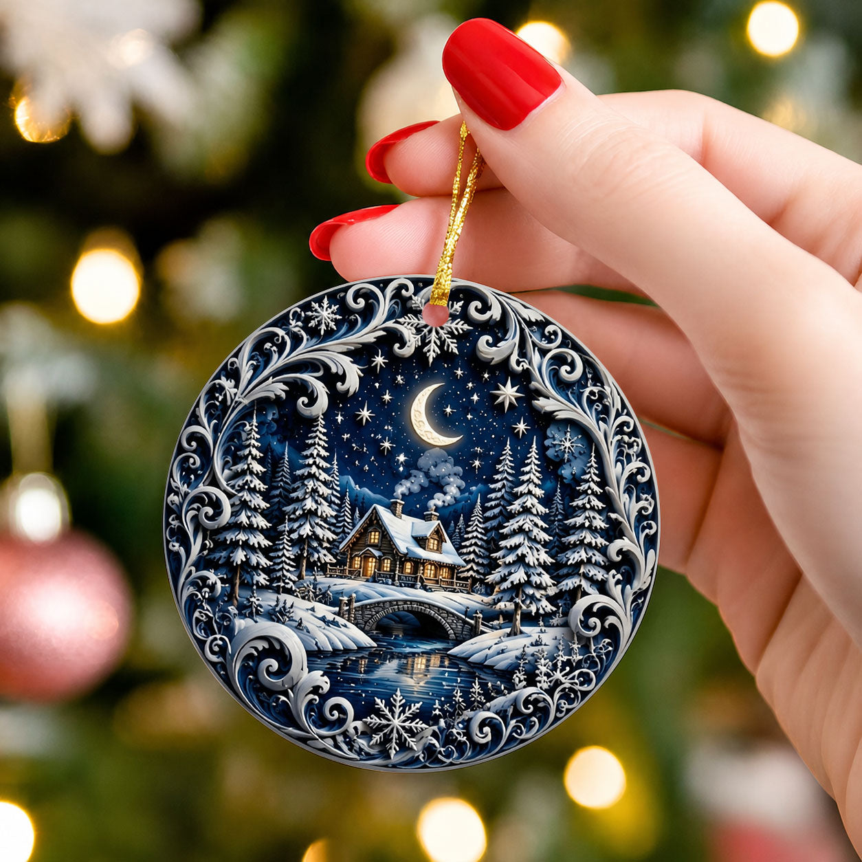 Winter Christmas Eve Ornament 2026, Moonlit Snowy Village Ceramic Ornament, Holiday Tree Decoration
