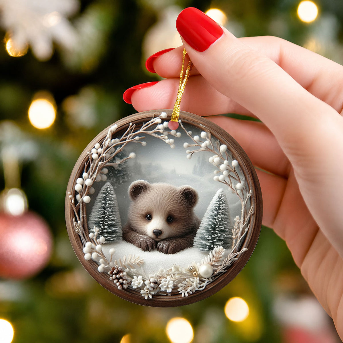 Baby Bear Christmas Ornament 2026, Cute Woodland Bear Ornament, Winter Forest Christmas Tree Decor