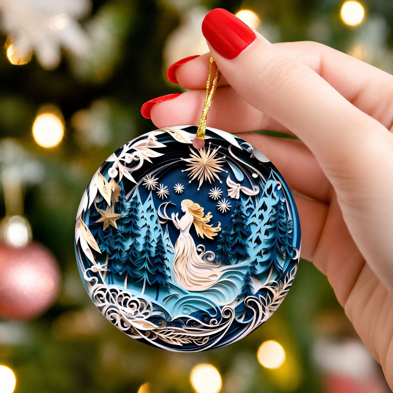 Angel Paper Art Effect Christmas Ornament, Ceramic Christmas Ornament Double-Sided Holiday Keepsake