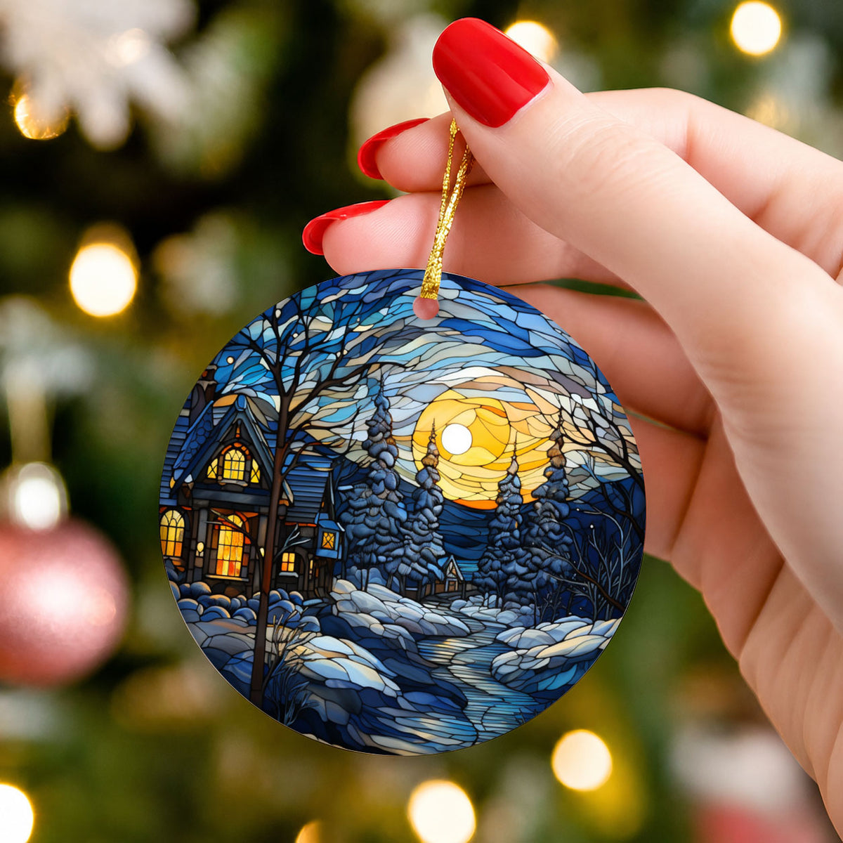 Stained Glass Style Christmas Night Ornament, Holiday Gift, Ceramic Round Ornament, Dated Ornament, Festive Holiday Decorations