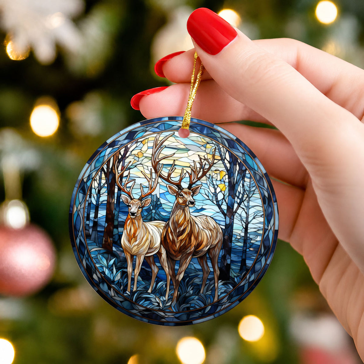 Stained Glass Deer Couple Christmas Ornament 2026, Buck and Doe Ornament, Woodland Christmas Tree Decor