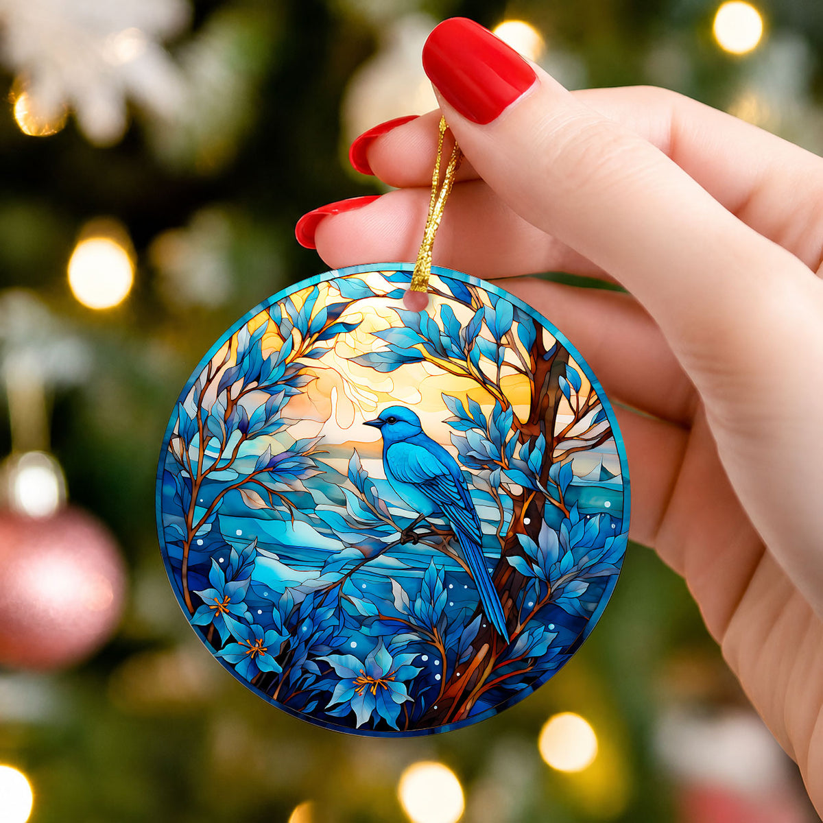 Blue Bird Christmas Ornament 2026, Stained Glass Style Bird Ornament, Winter Bird Tree Decor, Nature Lover Gift, Blue Songbird Keepsake, Holiday Ornament