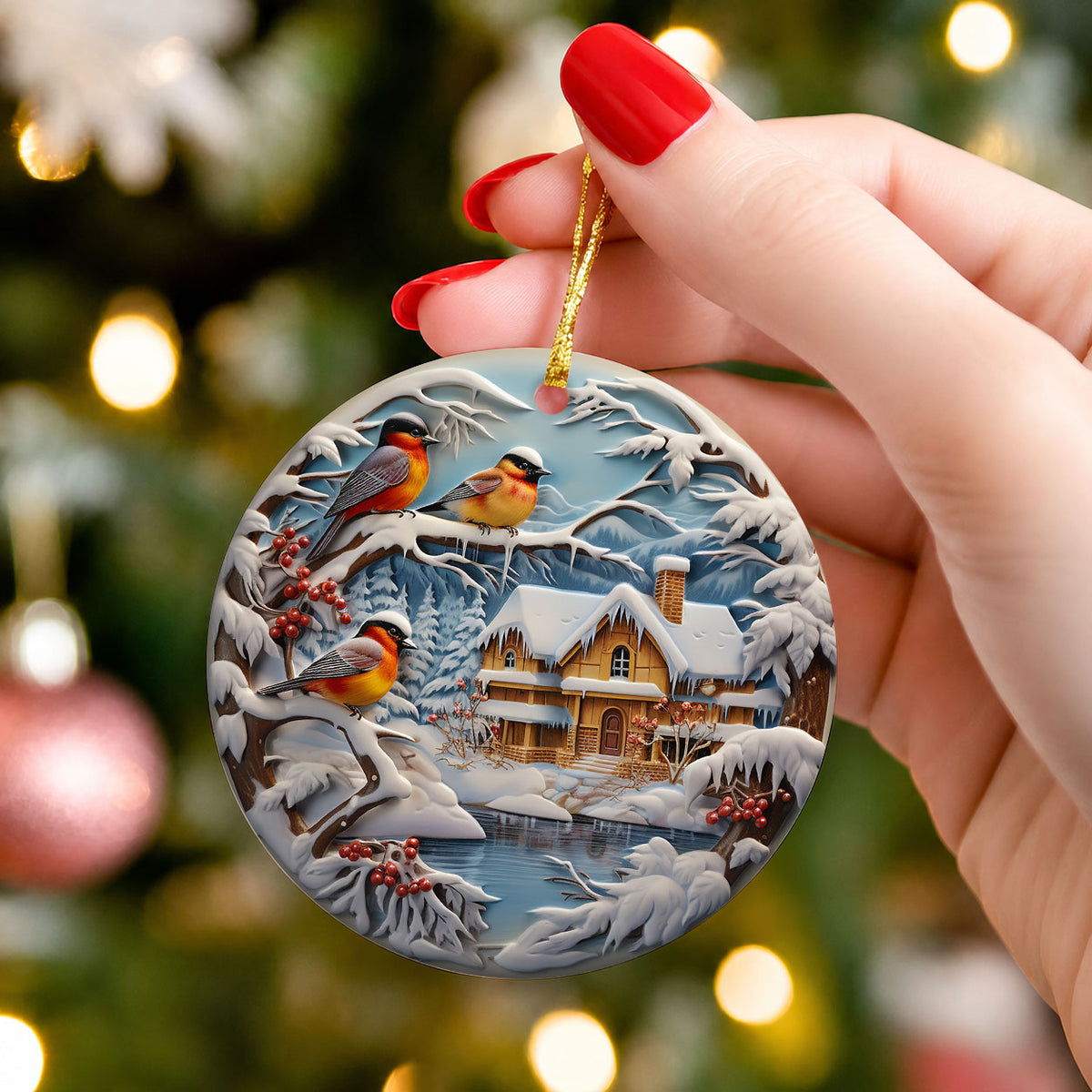 Winter Birds Christmas Ornament 2026, Snowy Cardinal Bird Cottage Ceramic Ornament, Rustic Cabin Holiday Tree Decor