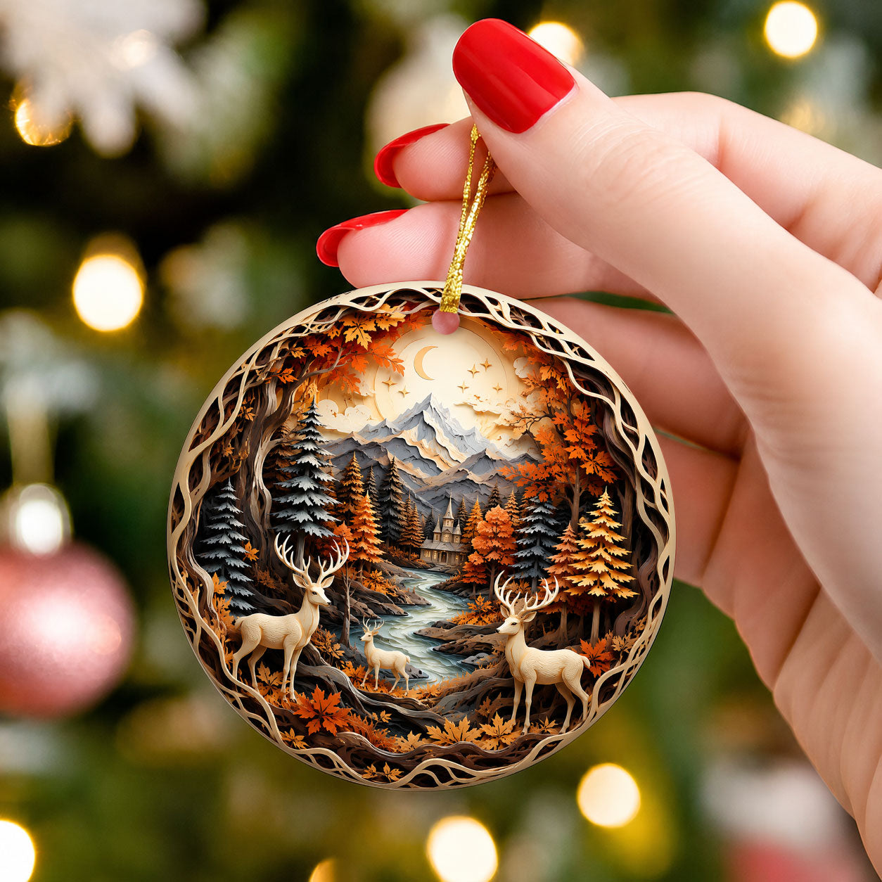 Christmas Deer Ornament 2026, Woodland Forest Christmas Tree Decor, Rustic Holiday Ornament, Winter Cabin Scene