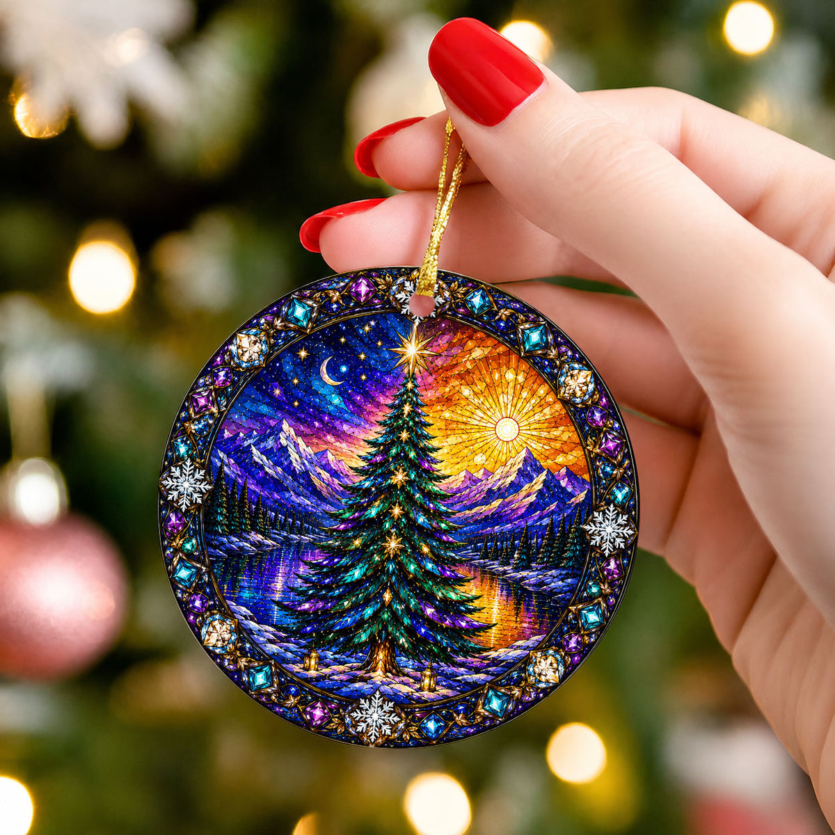 Christmas Ornament 2026, Colorful Christmas Tree Decor, Winter Holiday Ornament, Mountain Lake Christmas Scene