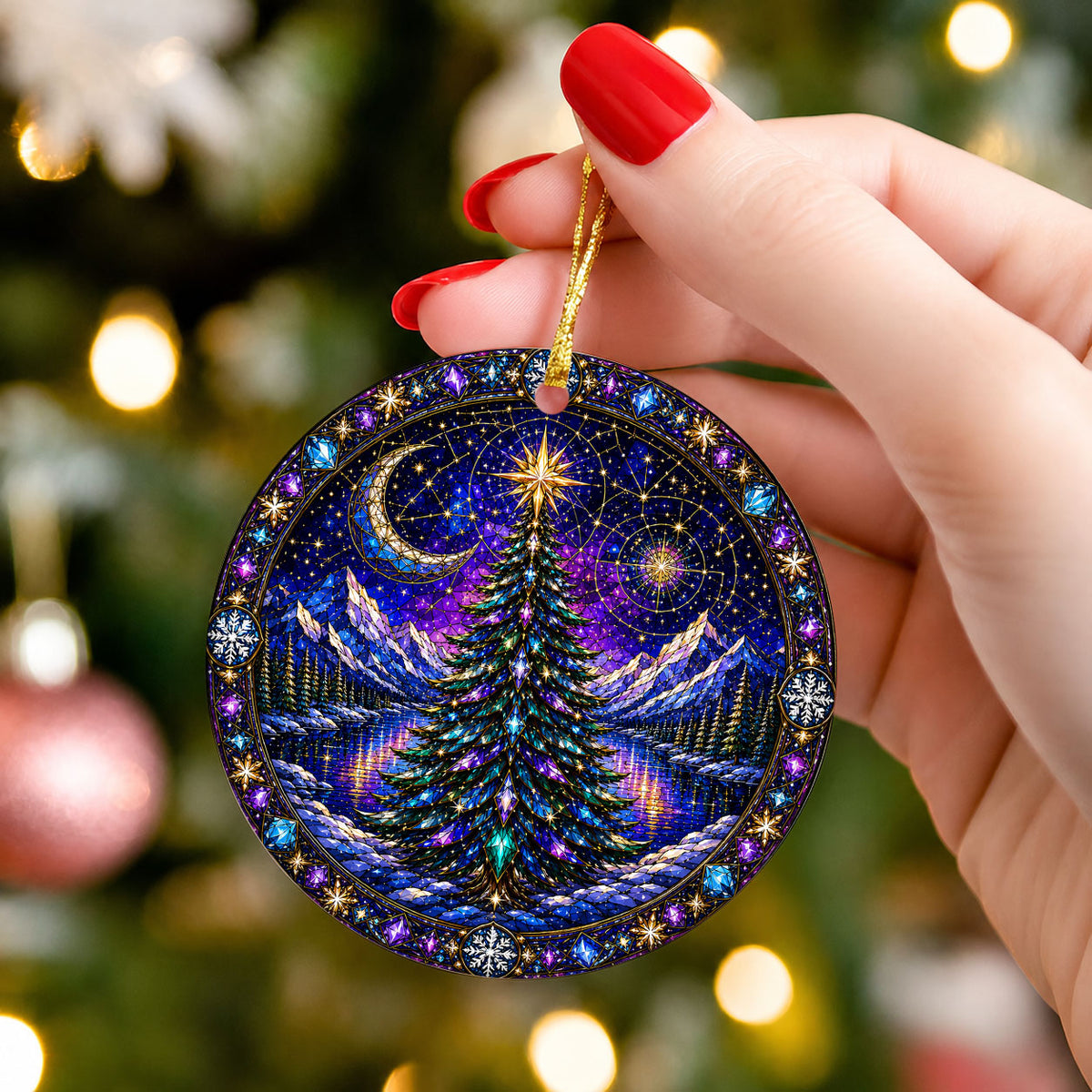 Winter Christmas Tree Ornament 2026, Aurora Sky Christmas Decor, Holiday Ornament, Snowy Mountain Landscape