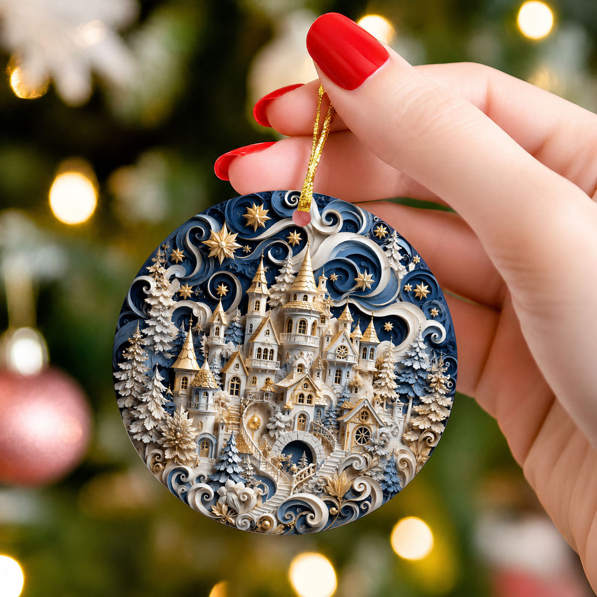 Blue Winter Christmas Ornament 2026, Snowy Castle Tree Ornament, Christmas Village Holiday Decoration