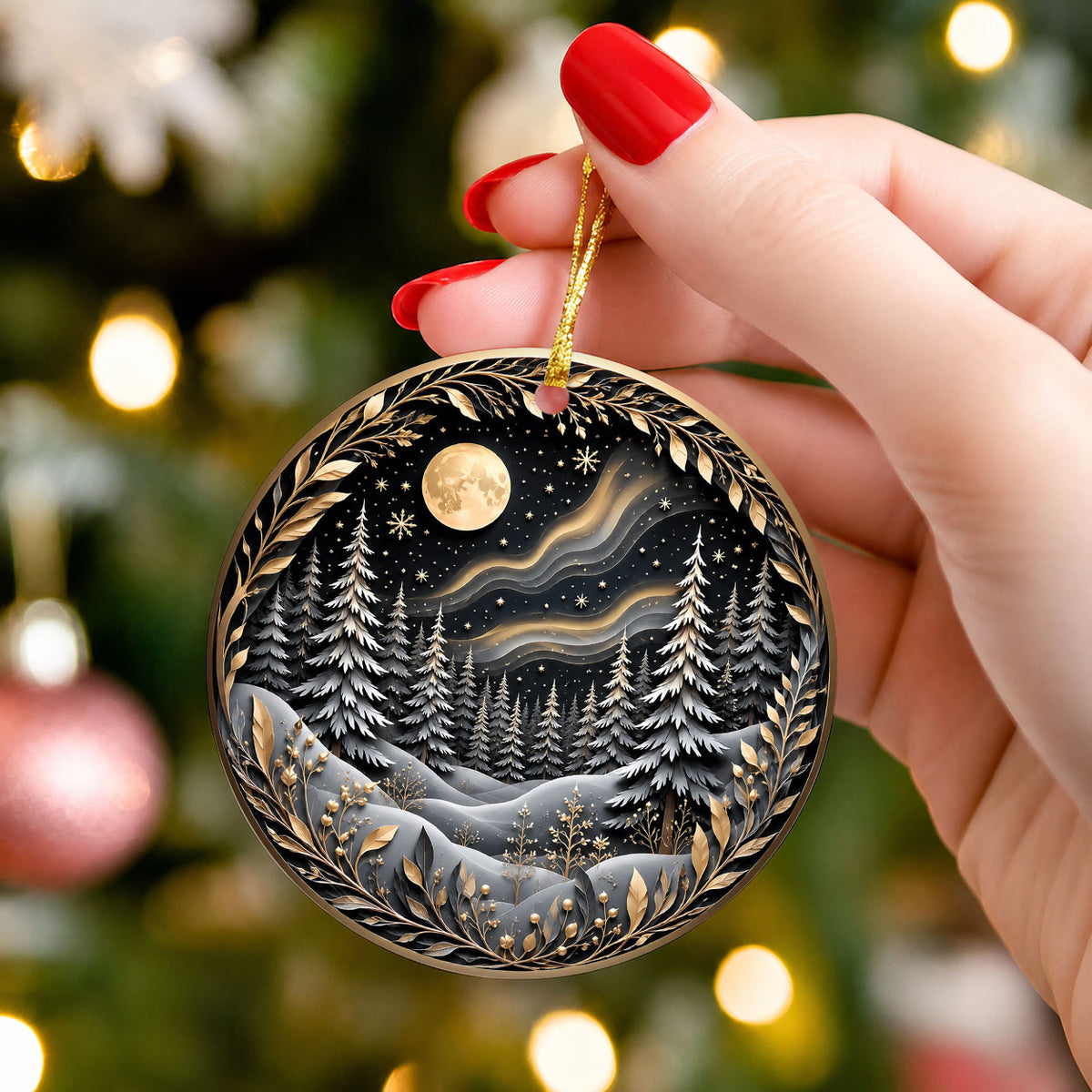 Christmas Tree Ornament 2026, Winter Forest Scence Ornament, Gold Black Christmas Decor, Holiday Keepsake Gift for Family and Friends