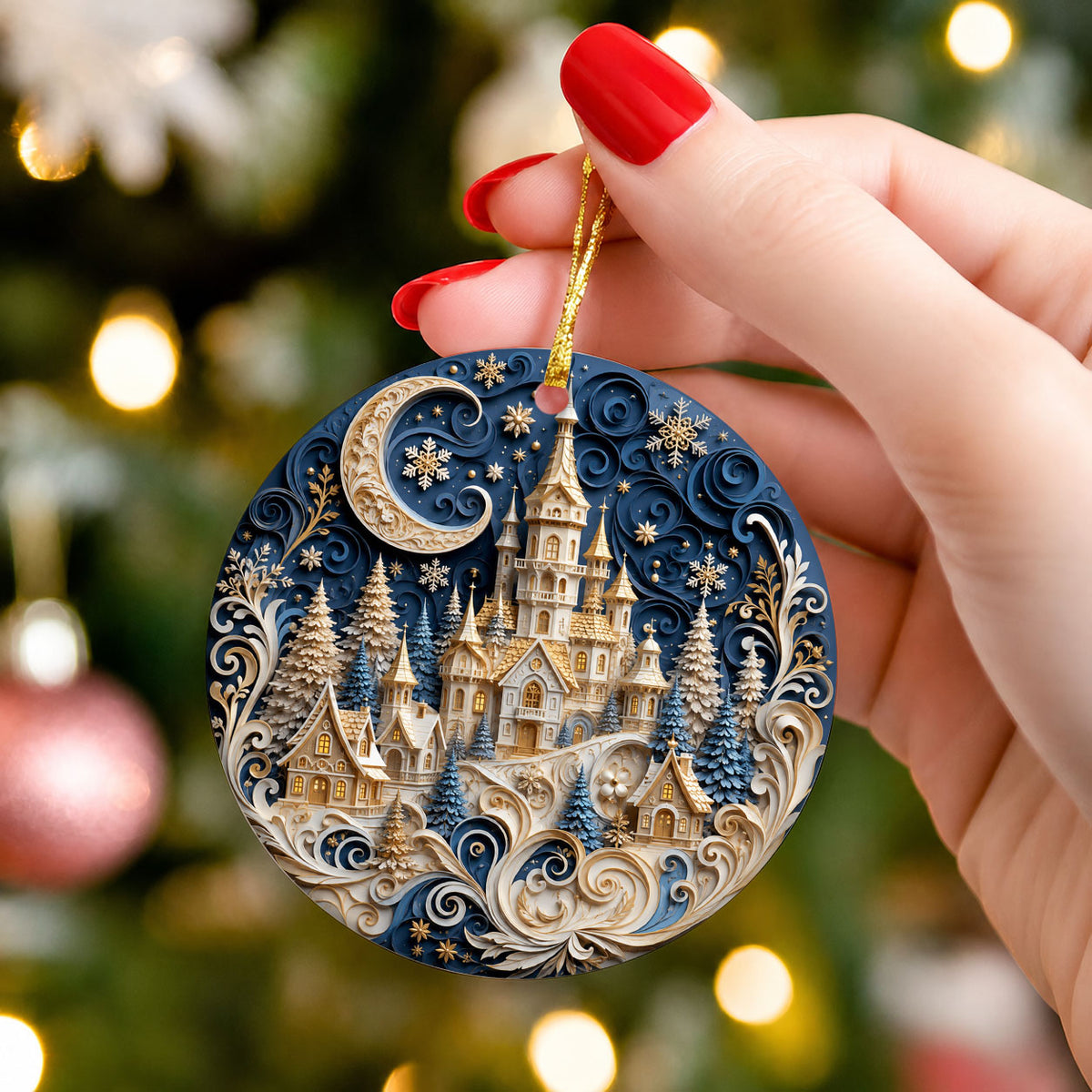 Blue Christmas Castle Ornament 2026, Winter Castle Christmas Ornament, Snowy Village Tree Decor, Holiday Keepsake Gift