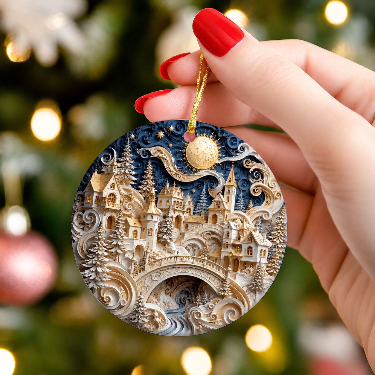 Winter Castle Christmas Ornament 2026, Blue and White Christmas Tree Ornament, Snowy Holiday Village Decor, Festive Keepsake Gift for Family