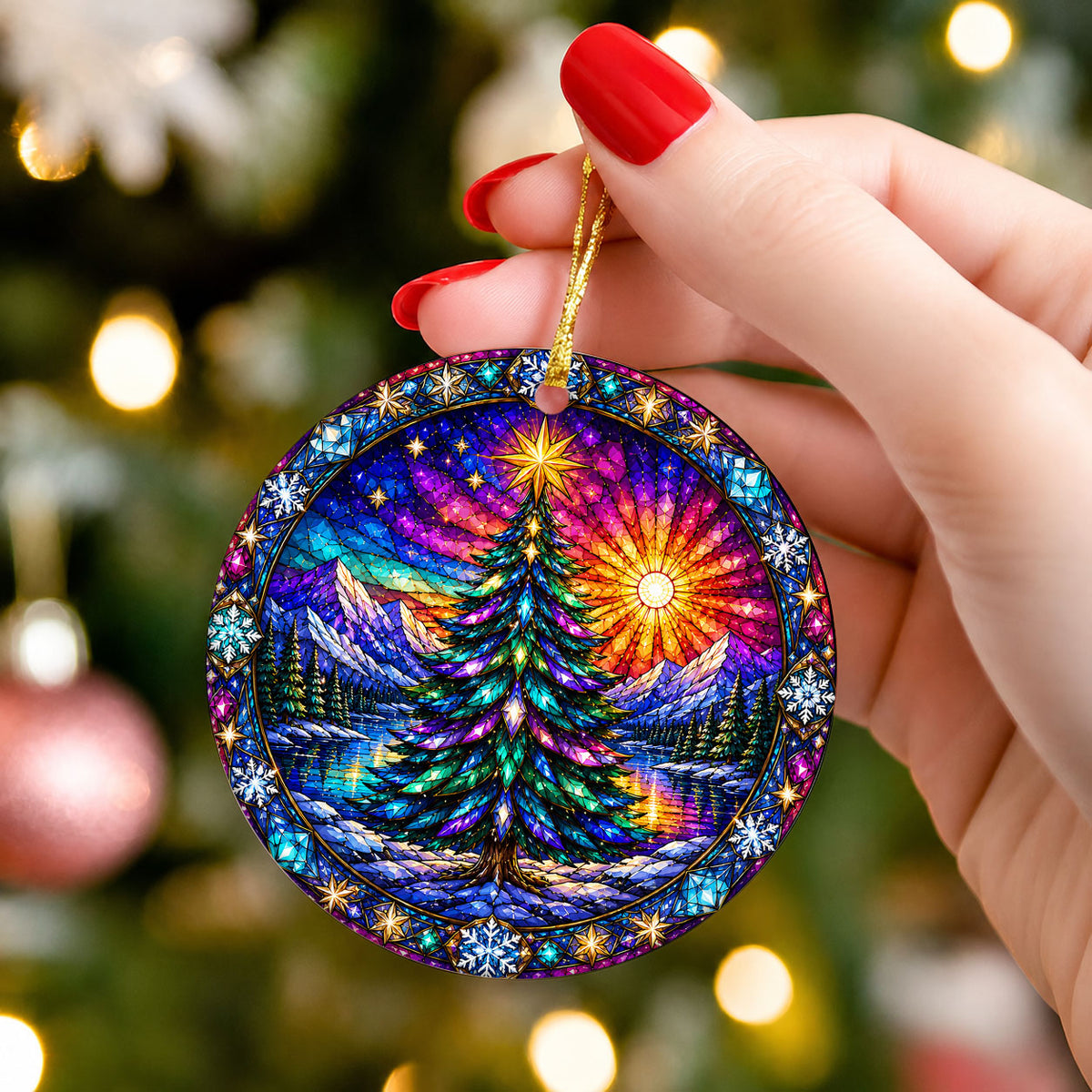 Colorful Stained Glass Christmas Tree Ornament 2026, Winter Mountain Lake Suncatcher Style, Holiday Decor