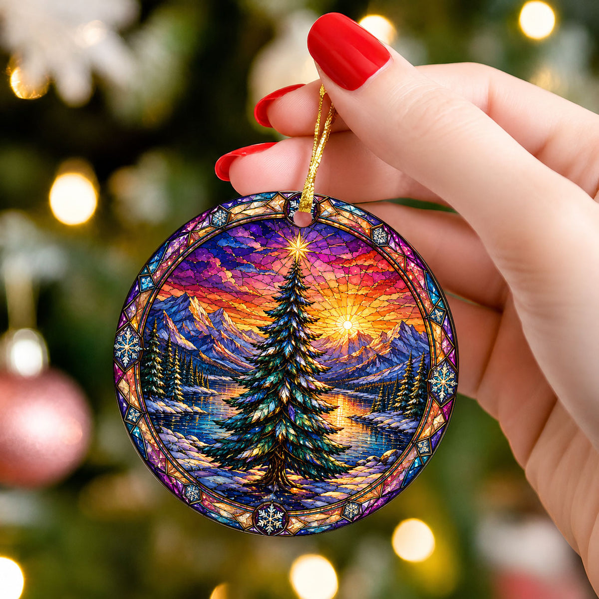 Colorful Christmas Tree Ornament 2026, Stained Glass Style Holiday Ornament, Winter Landscape Decor