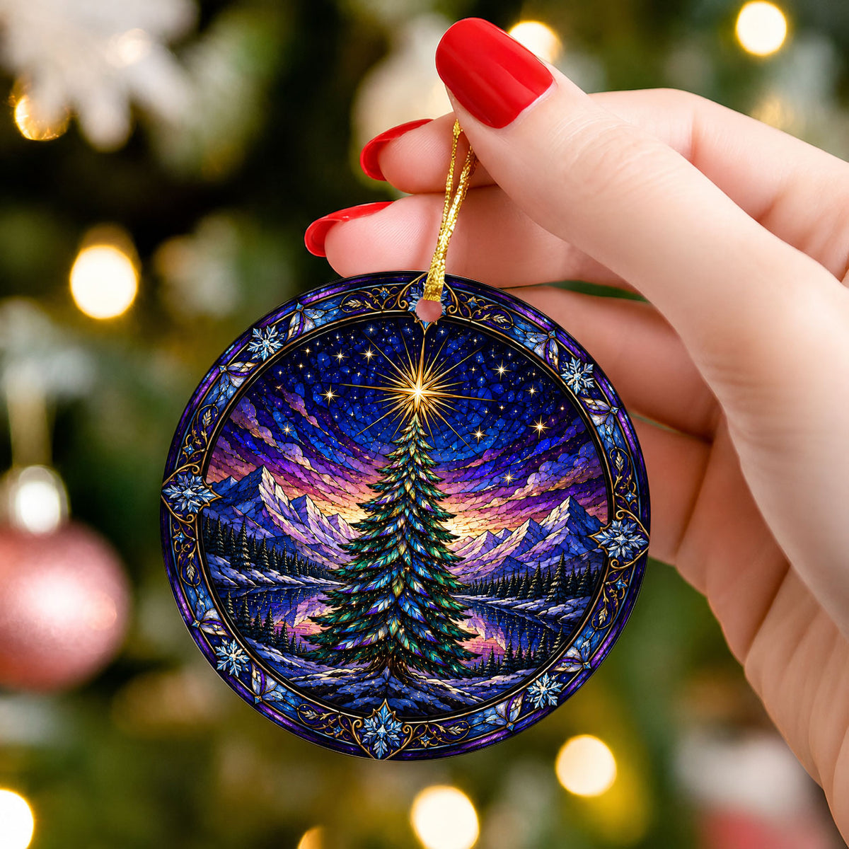 Christmas Tree Suncatcher Style Ornament 2026, Colorful Winter Mountain Scene Decoration