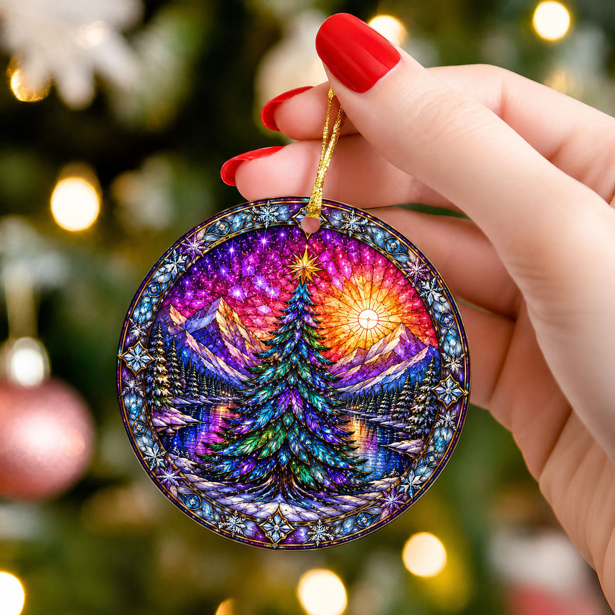 Stained Glass Style Christmas Ornament 2026, Colorful Evergreen Tree with Mountain Lake, Holiday Tree Decoration