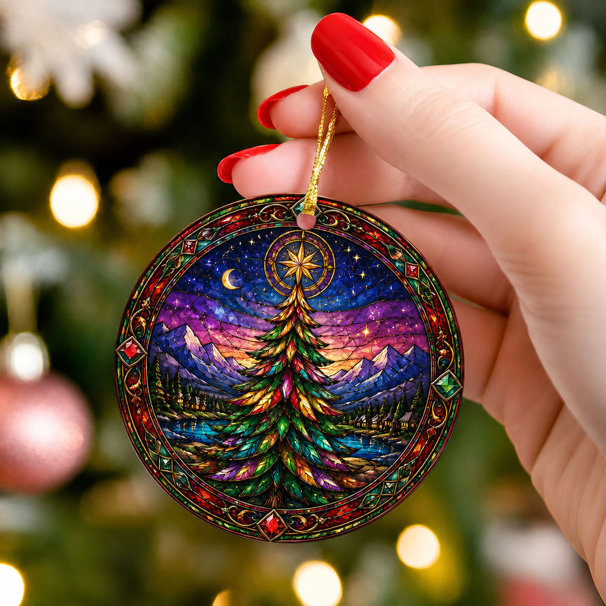 Christmas Tree Holiday Ornament 2026, Colorful Stained Glass Inspired Winter Scene, Festive Christmas Decoration