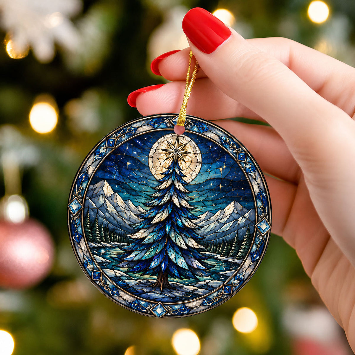 Winter Christmas Tree Ornament 2026, Colorful Mountain Landscape Holiday Decor, Stained Glass Inspired Christmas Gift