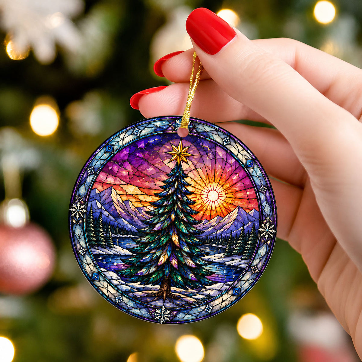 Christmas Ornament 2026 with Colorful Christmas Tree, Winter Lake Landscape Decoration, Holiday Tree Keepsake
