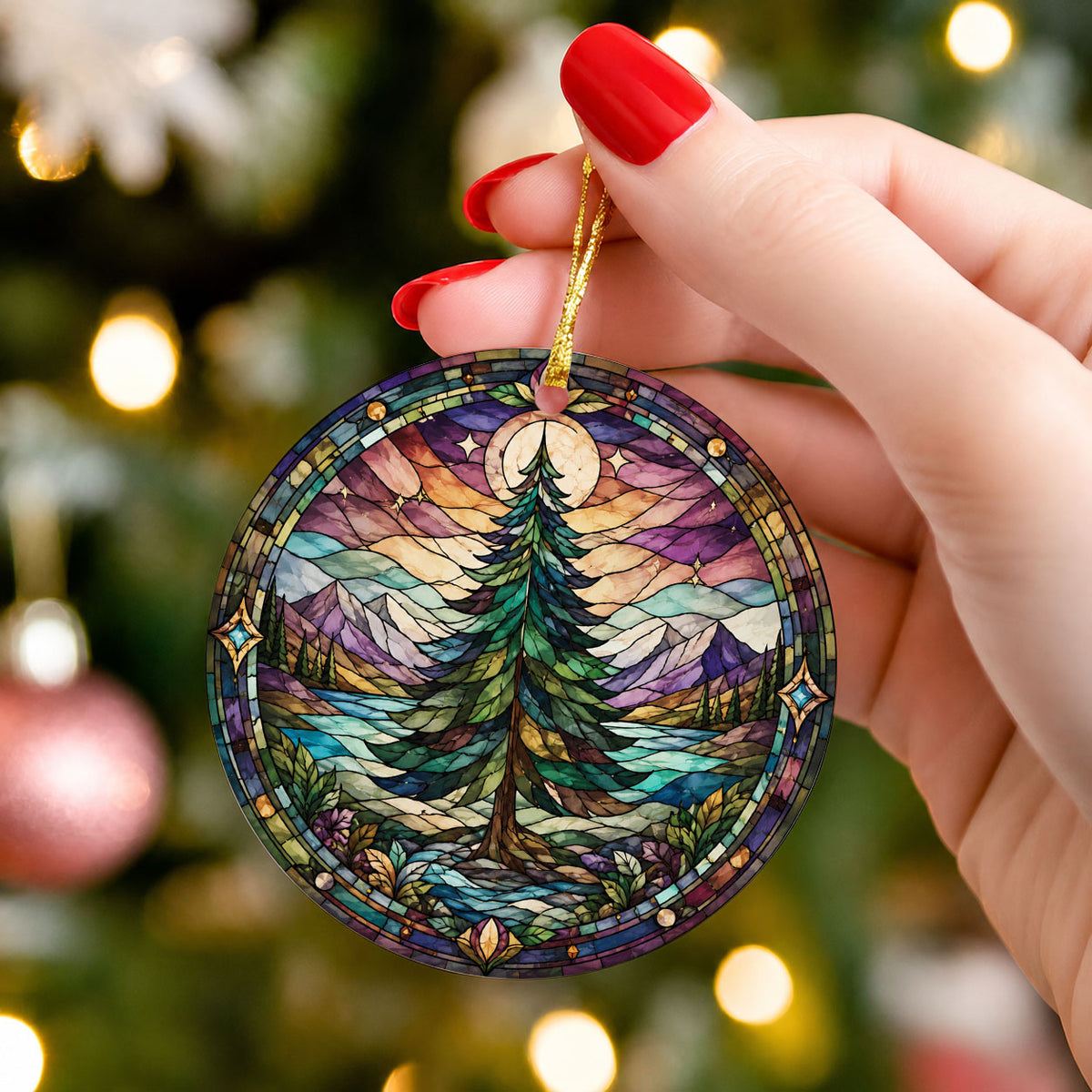 Vintage Christmas Tree Ornament 2026, Holiday Winter Landscape Decor, Stained Glass Inspired Christmas Keepsake