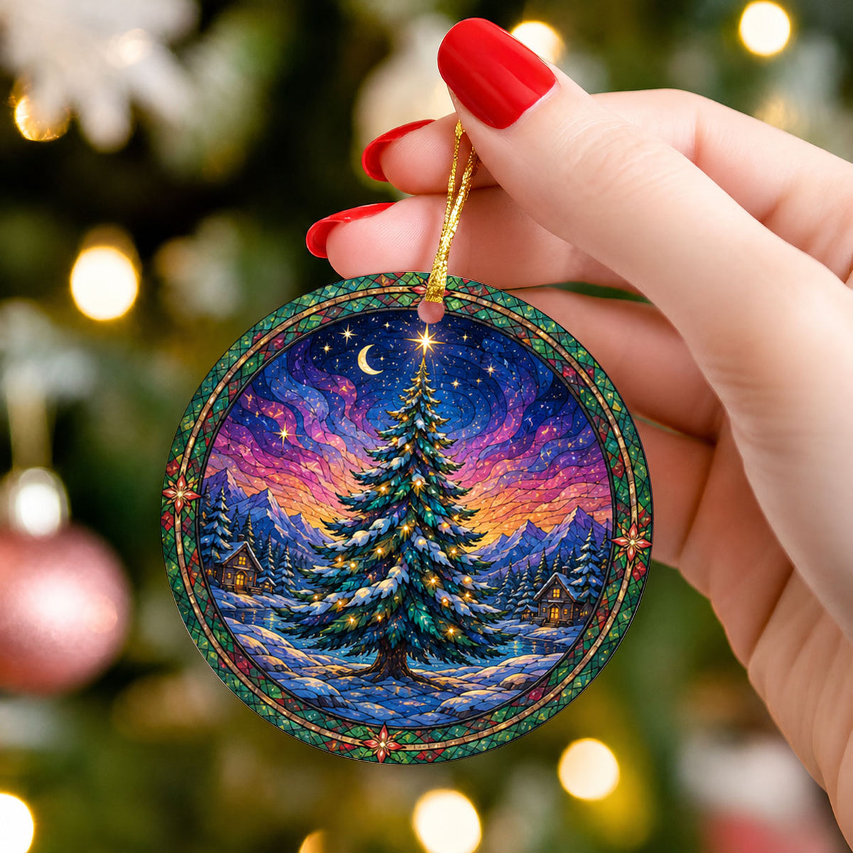 Stained Glass Inspired Christmas Tree Ornament 2026, Colorful Holiday Winter Landscape Decoration