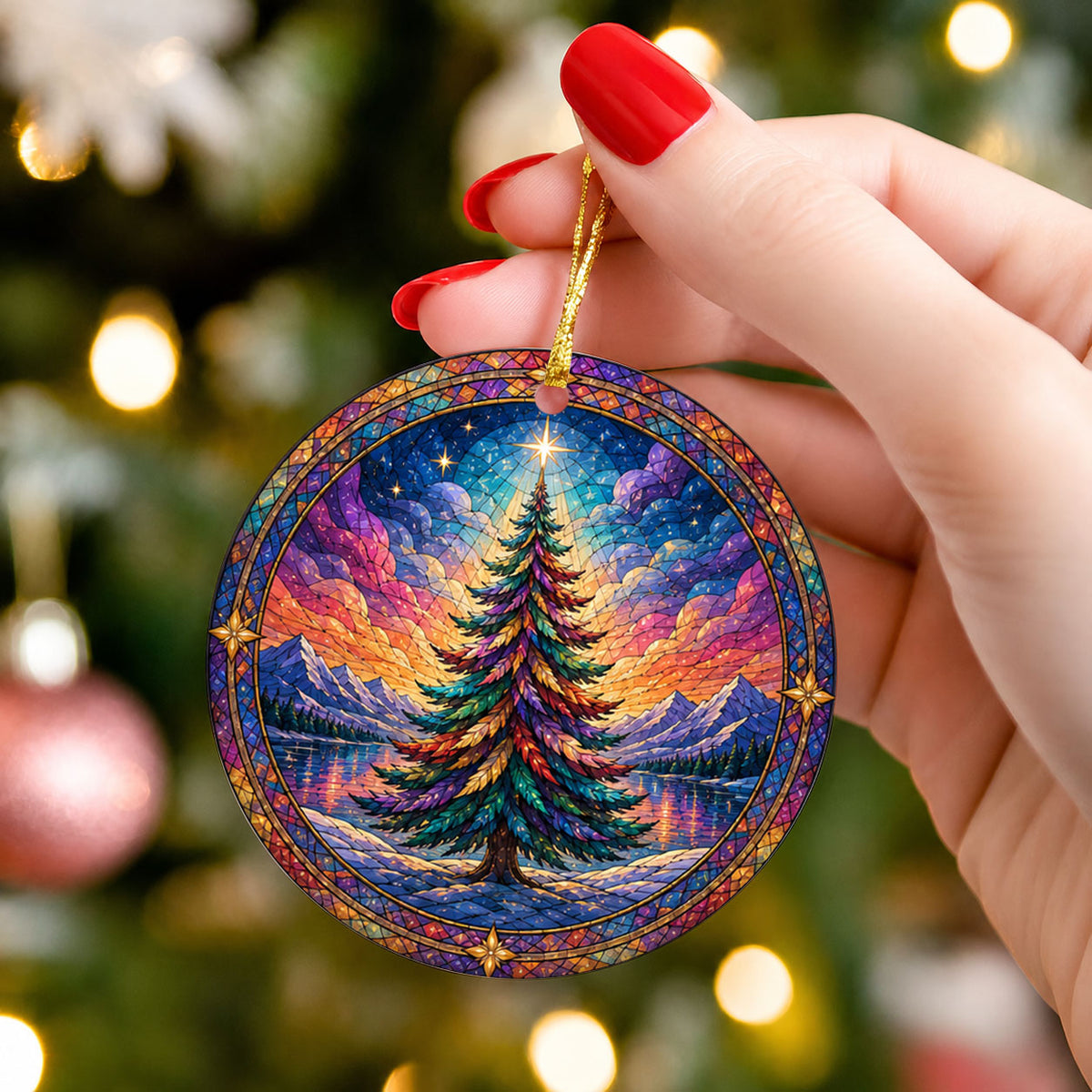 Colorful Stained Glass Style Christmas Tree Ornament 2026, Winter Mountain Lake Suncatcher Style