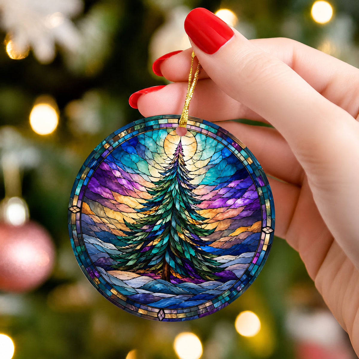 Christmas Tree Keepsake Ornament 2026, Colorful Rainbow Evergreen Winter Scene, Holiday Decoration