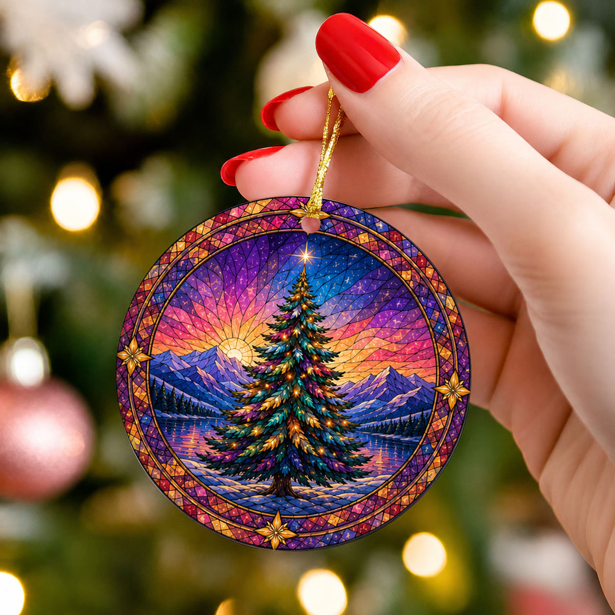 Colorful Christmas Ornament 2026, Rainbow Evergreen Tree with Winter Mountain Scene, Holiday Tree Decor