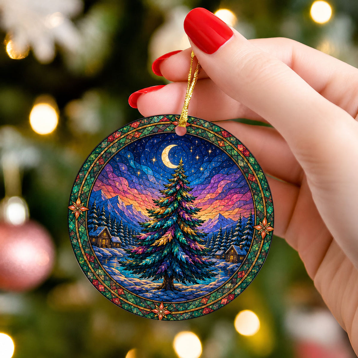 Winter Christmas Tree Ornament 2026, Aurora Sky Christmas Decor, Holiday Ornament, Snowy Mountain Landscape
