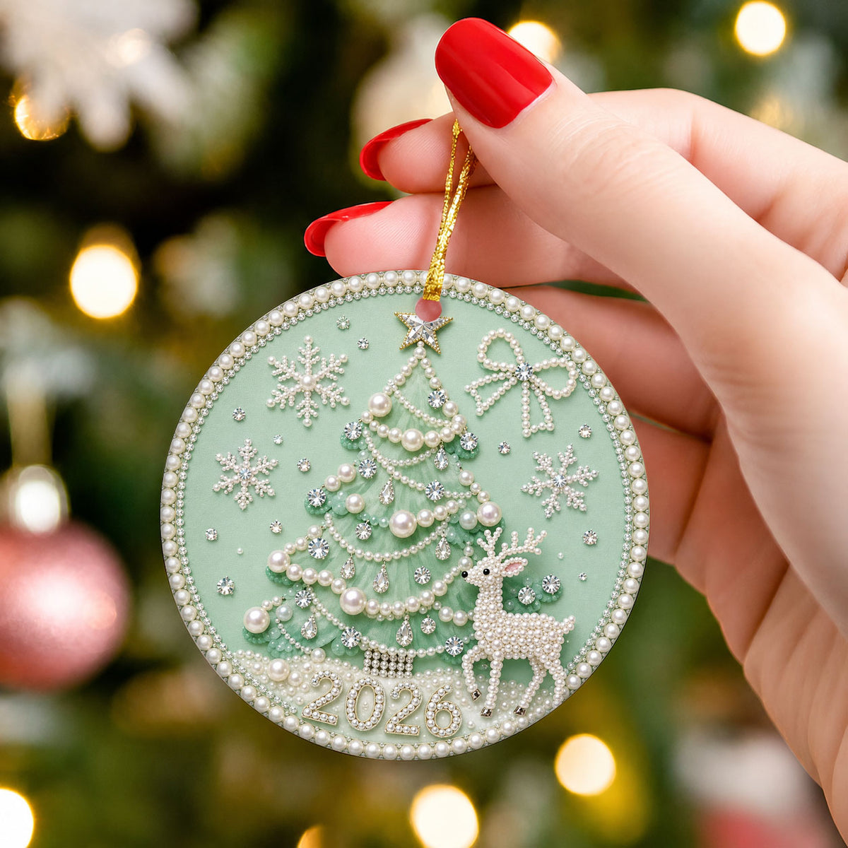 Pearl 2D Design Christmas Tree Ornament 2026, Elegant Deer and Snowflake Holiday Decoration, Christmas Keepsake Gift for Family and Friends