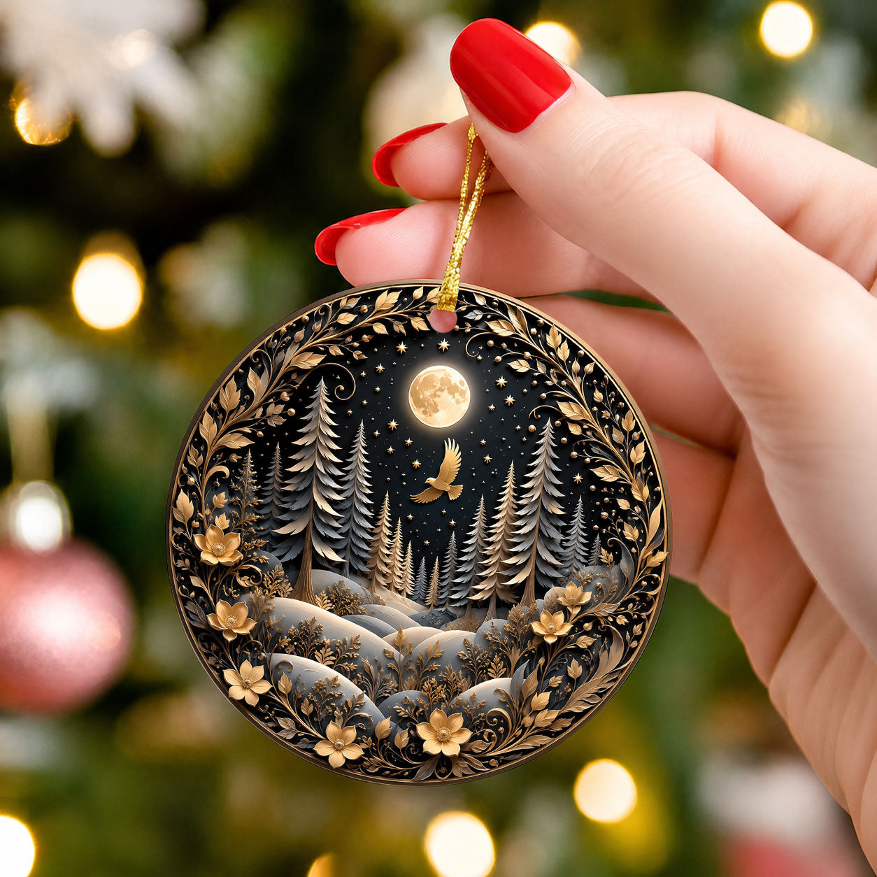 Winter Forest Christmas Ornament 2026, Moon Night Woodland Christmas Tree Decor, Nature Inspired Holiday Ornament