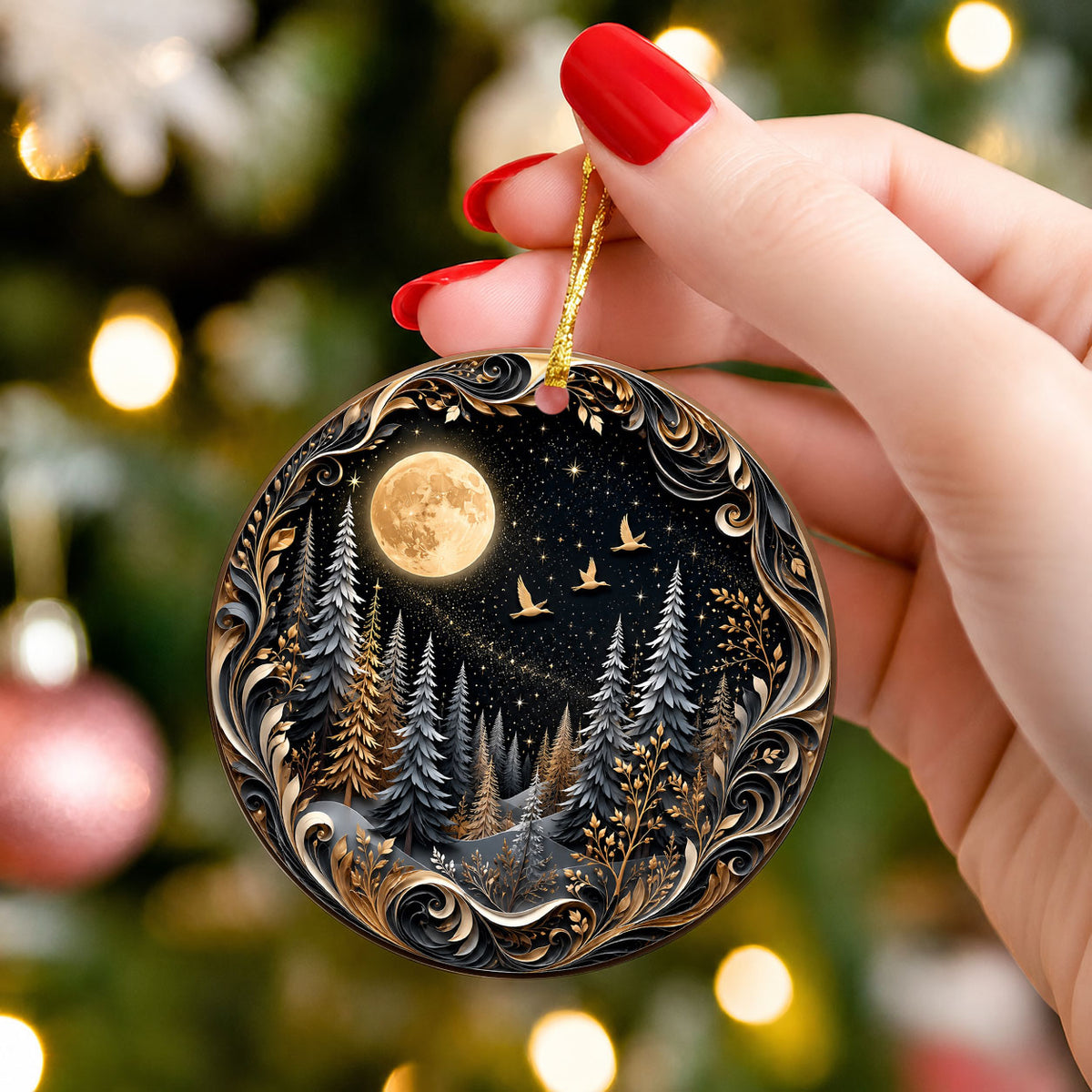 Christmas Forest Ornament 2026, Moonlit Pine Trees Holiday Decoration, Woodland Christmas Keepsake, Winter Nature Gift for Friends and Family