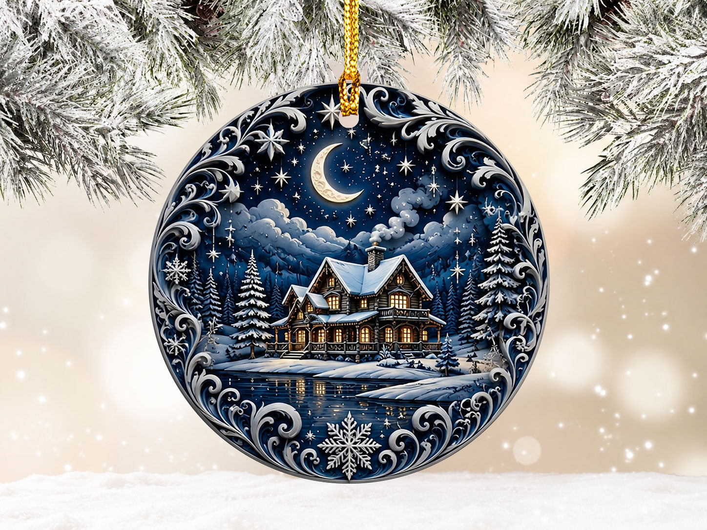 Winter Night Christmas Ornament 2026, Snowy Village Ceramic Ornament, Holiday Tree Decoration, Cozy Christmas Keepsake