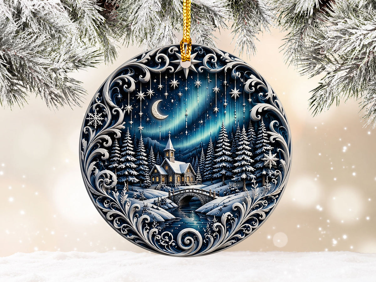 Aurora Borealis Christmas Night Ornament 2026, Moonlit Winter Village Ceramic Ornament, Holiday Tree Decoration