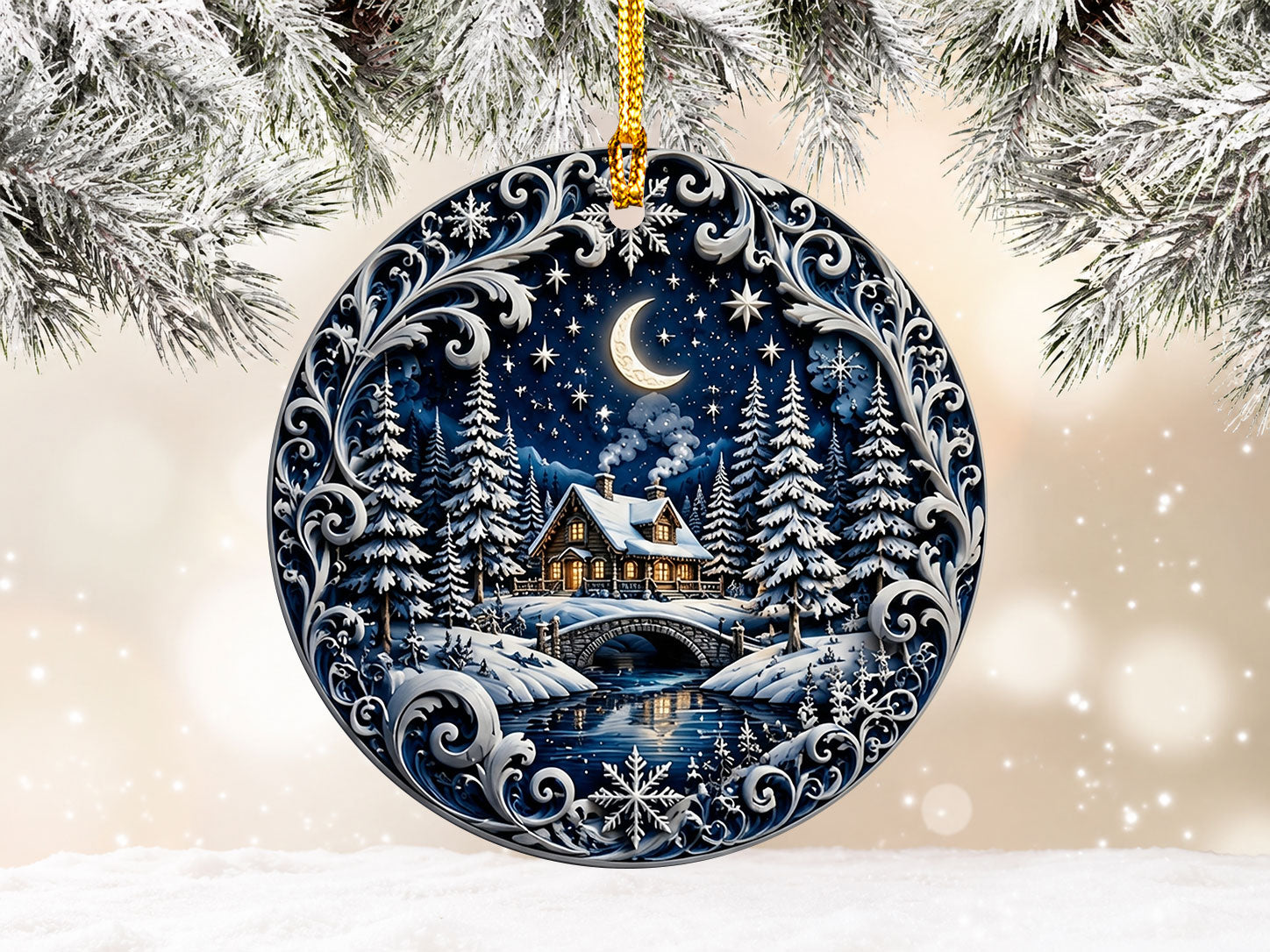 Winter Christmas Eve Ornament 2026, Moonlit Snowy Village Ceramic Ornament, Holiday Tree Decoration