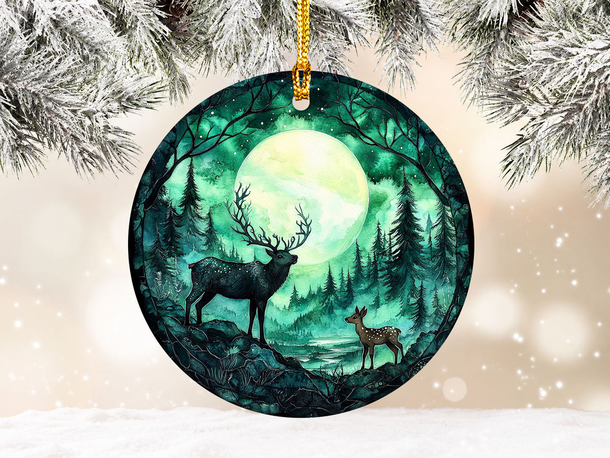 Deer Aurora Borealis Ceramic Ornament, Nature Lover Gift for Christmas Ornament for Friend, Night Scene Holiday Tree Decoration