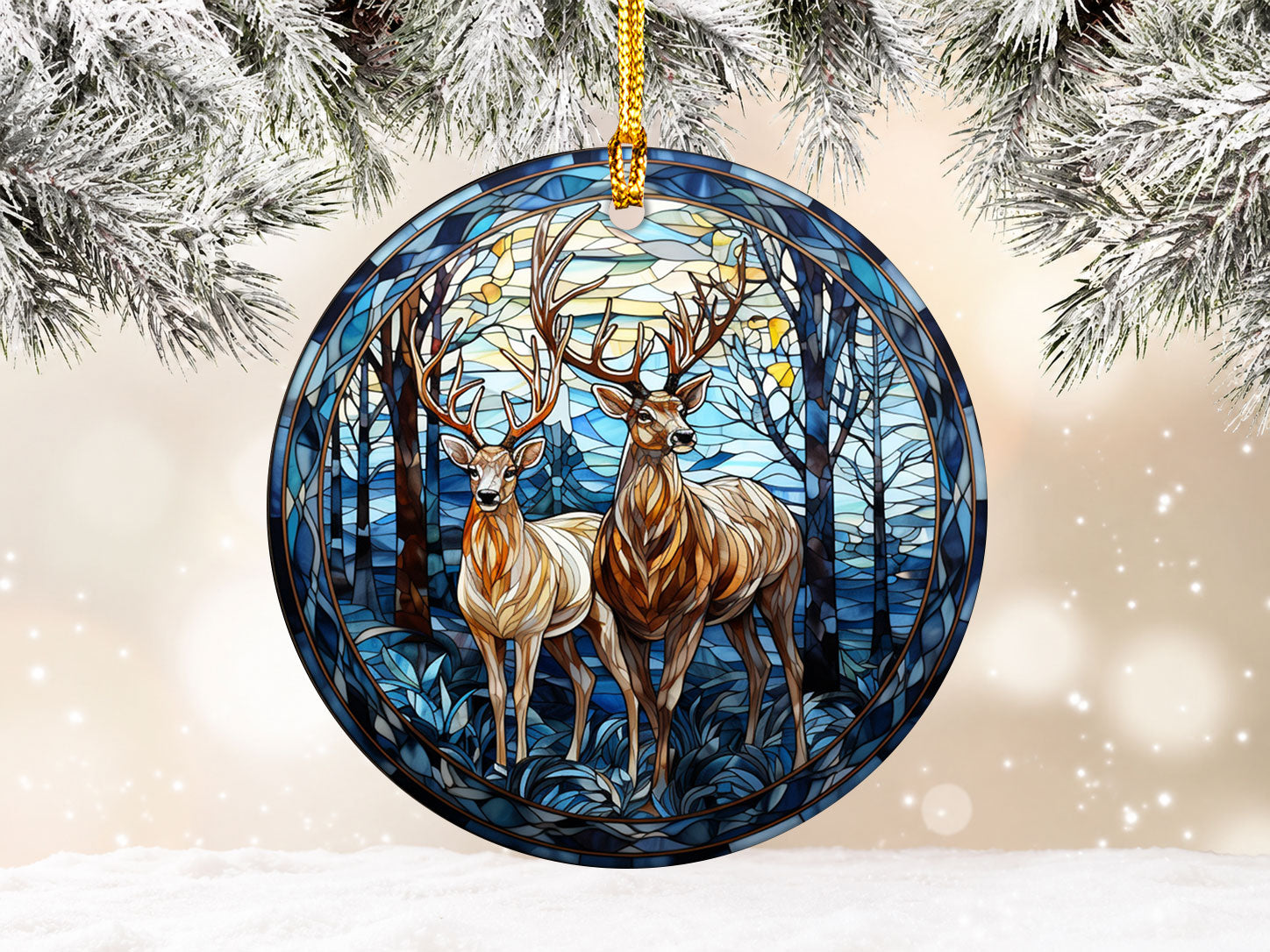Stained Glass Deer Couple Christmas Ornament 2026, Buck and Doe Ornament, Woodland Christmas Tree Decor
