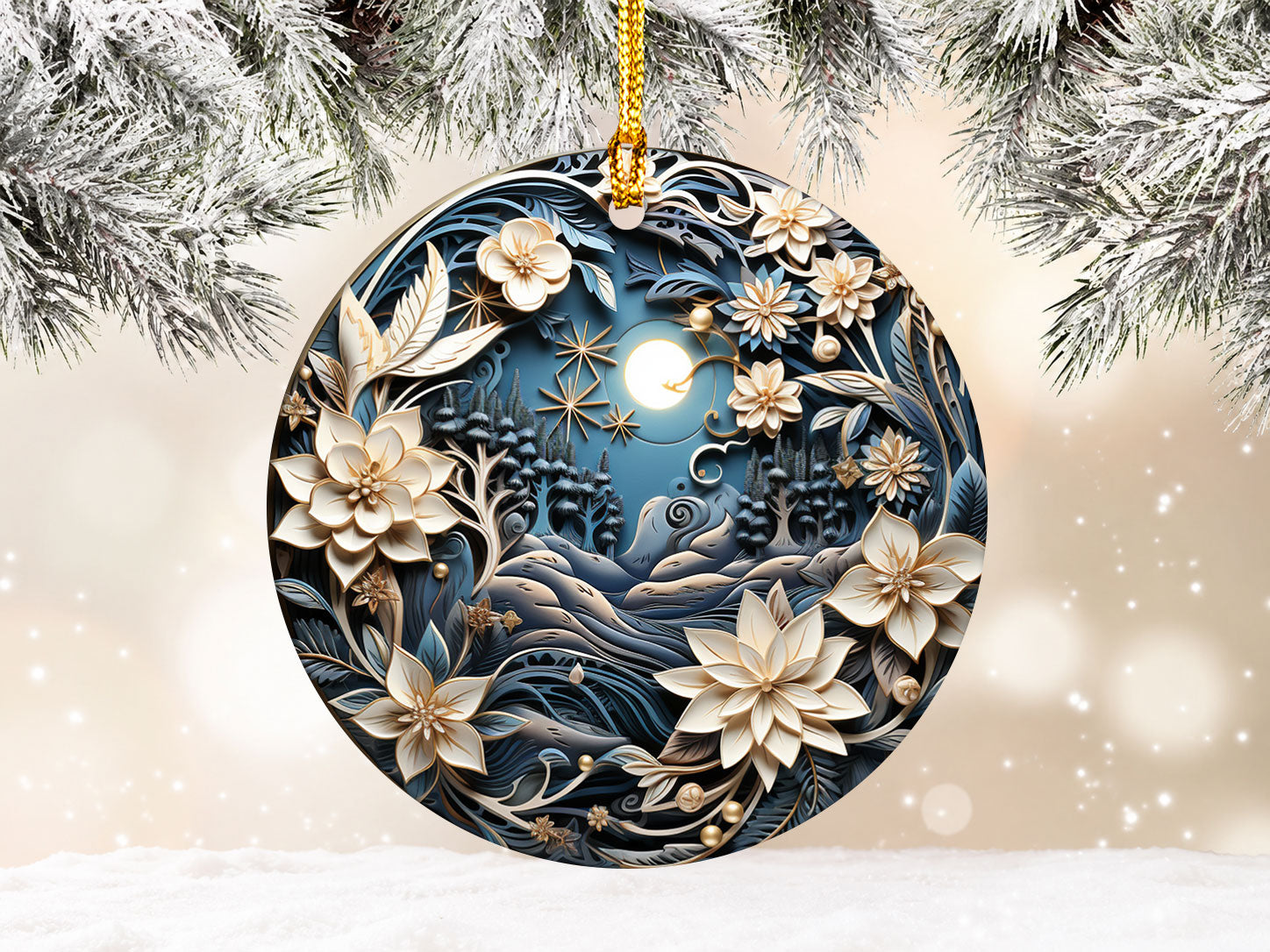 Moonlit Winter Floral Ornament 2026, Blue White Christmas Tree Ornament, Winter Landscape Decor, Ceramic Holiday Keepsake Gift
