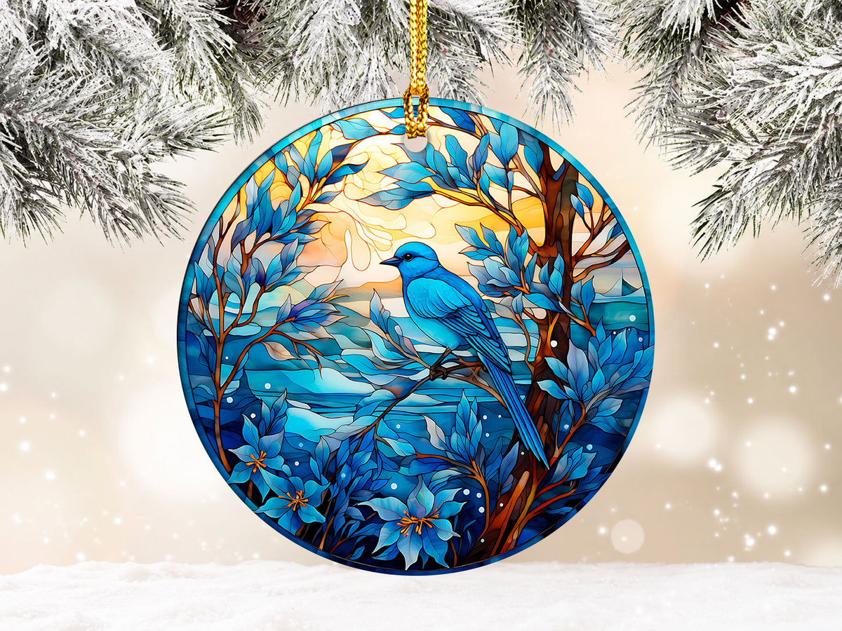 Blue Bird Christmas Ornament 2026, Stained Glass Style Bird Ornament, Winter Bird Tree Decor, Nature Lover Gift, Blue Songbird Keepsake, Holiday Ornament