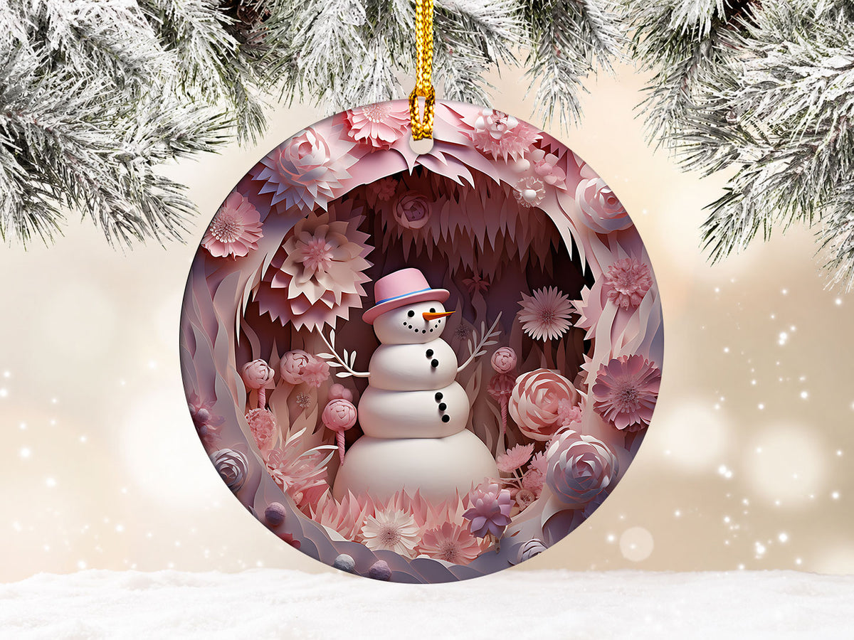 Pink Christmas Snowman Ornament, Winter Forest Holiday Decor, Rustic Tree Keepsake Ornament, Festive Winter Decoration, Christmas Keepsake Gift
