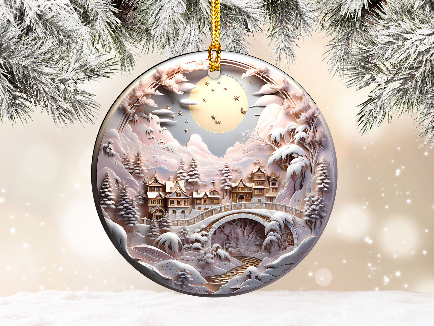 Snowy Castle Christmas Ornament 2026, Fairytale Pink Landscape Ceramic Ornament, Fantasy Holiday Tree Decor, Winter Christmas Keepsake Gift