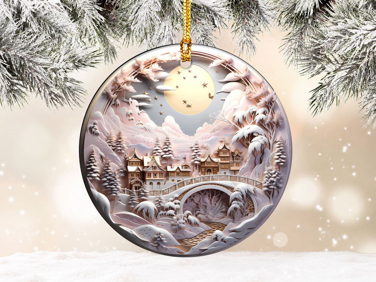 Snowy Castle Christmas Ornament 2026, Fairytale Pink Landscape Ceramic Ornament, Fantasy Holiday Tree Decor, Winter Christmas Keepsake Gift